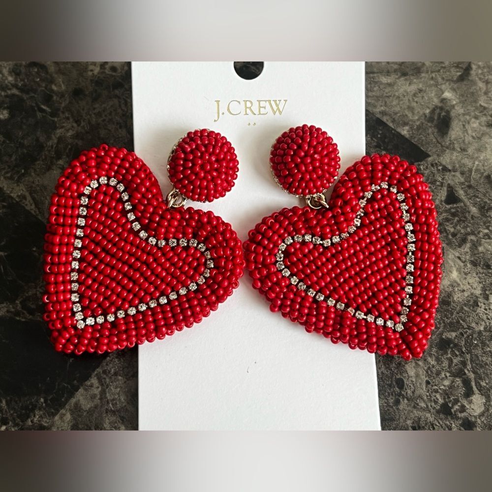 J Crew Women's Beaded Heart Statement Earrings Party Red Dangle Hypoallergenic